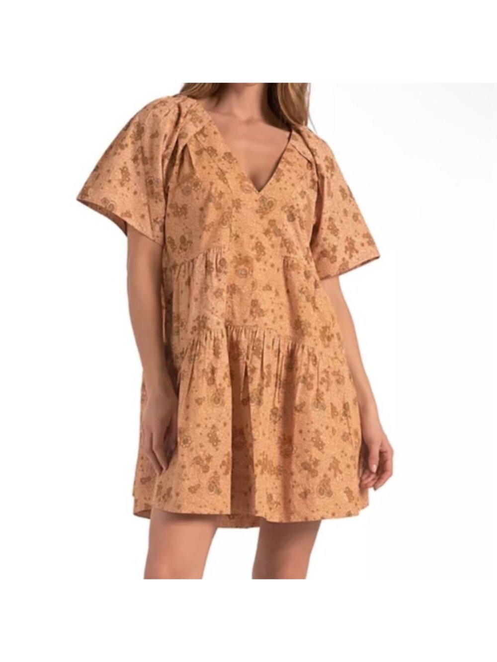✨ Elan Cotton Folk Floral Mini Dress Tan Bohemian Coastal Cowgirl Small ✨